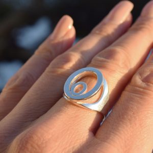silverring med ovaler på kvinnas finger utomhus i solen